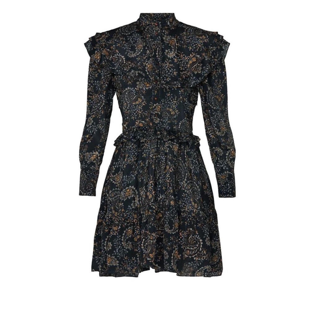 Nicholas Elsie Black Paisley Ruffle A-Line Long Sleeve Boho Mini Dress NWT - Picture 4 of 12